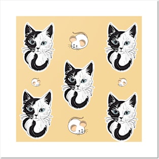 Black And White Cat And Mouse Pattern Posters and Art